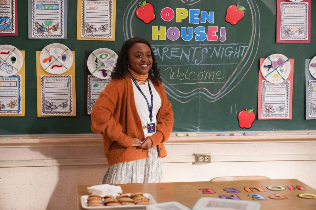 It’s Open House night at “Abbott Elementary” and Janine (Quinta Brunson) prepares to meet her struggling student’s mother. The series airs at 9 p.m. ET on ABC. (ABC/Scott Everett White)