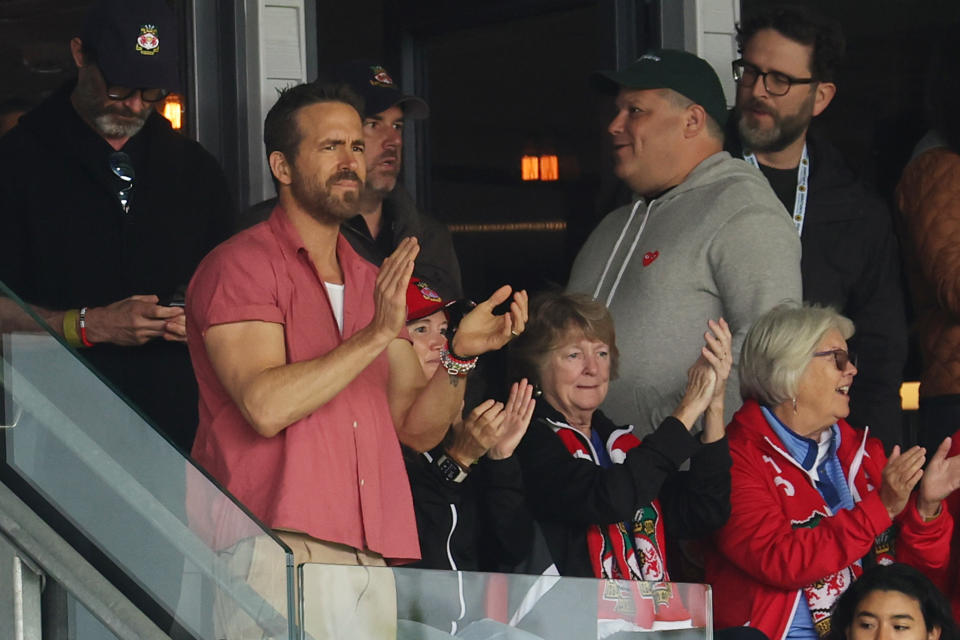 WREXHAM, WALES - AUGUST 5: Ryan Reynolds the co-owner of Wrexham watches his team play in their first game back in the Football League during the Sky Bet League Two match between Wrexham and Milton Keynes Dons at Racecourse Ground on August 5, 2023 in Wrexham, Wales. (Photo by Matthew Ashton - AMA/Getty Images)