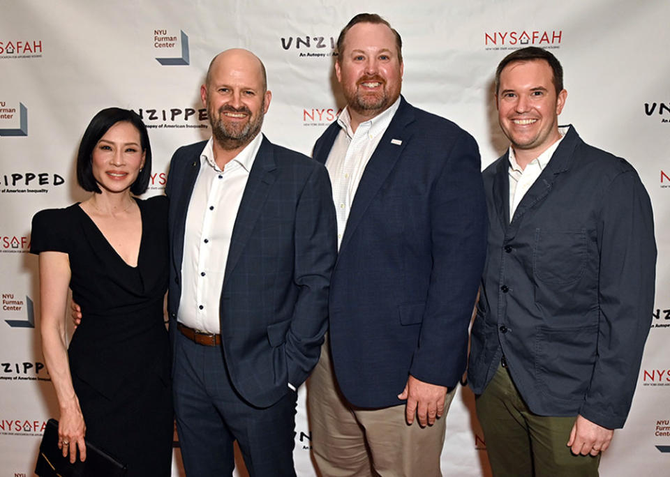 Producer Lucy Liu, writer/director Colin K. Gray, Bret Garwood and Matthew Murphy attend the "Unzipped: An Autopsy Of American Inequality" New York screening at NYU on May 23, 2023 in New York City.