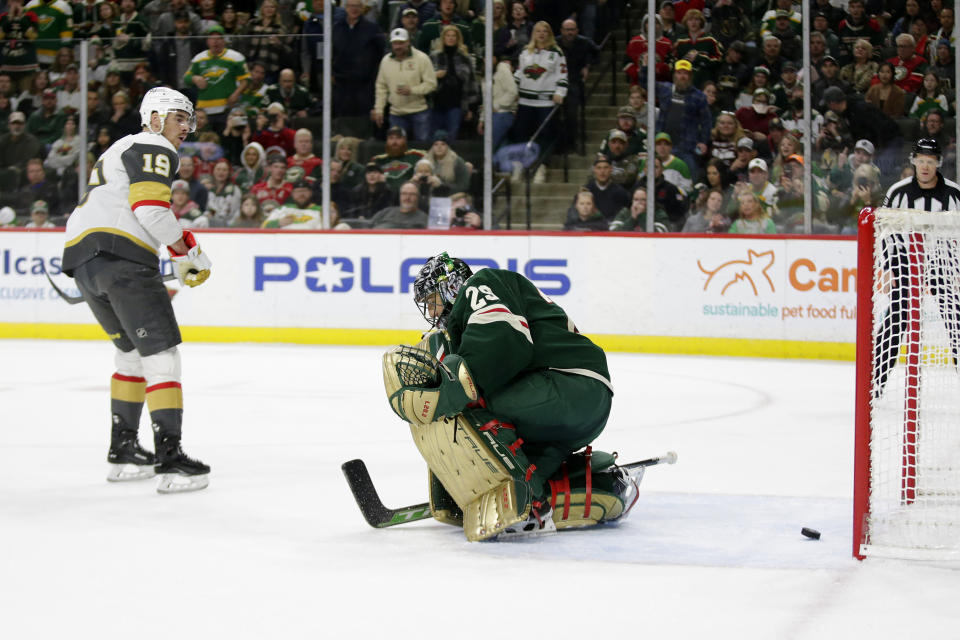 Vegas Golden Knights right wing Reilly Smith (19) scores a goal on a penalty shot against Minnesota Wild goaltender Marc-Andre Fleury (29) in the second period of an NHL hockey game Thursday, Feb. 9, 2023, in St. Paul, Minn. (AP Photo/Andy Clayton-King)