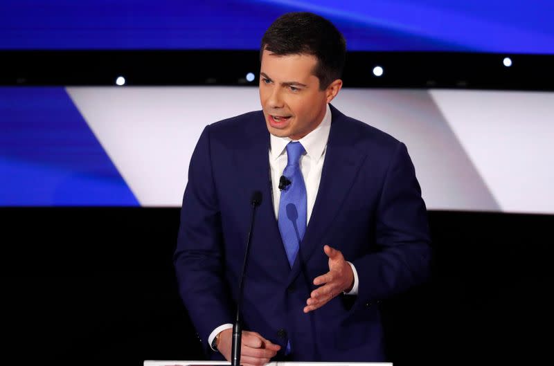 Democratic 2020 U.S. presidential candidate former South Bend Mayor Pete Buttigieg speaks at the seventh Democratic 2020 presidential debate at Drake University in Des Moines