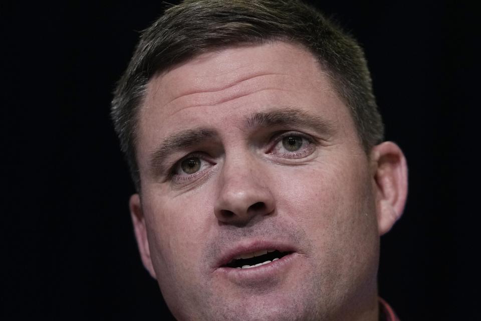 Cincinnati Bengals head coach Zac Taylor speaks during a news conference at the NFL football scouting combine, Tuesday, Feb. 28, 2023, in Indianapolis. (AP Photo/Darron Cummings)