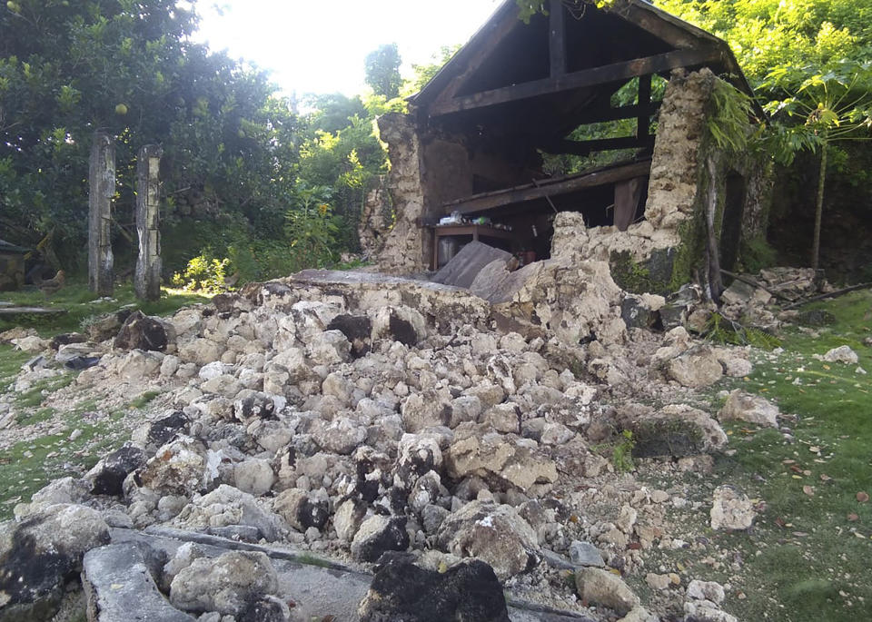 Damaged houses lie in Itbayat town, Batanes islands, northern Philippines following the earthquakes, Saturday, July 27, 2019. Two strong earthquakes hours apart struck a group of sparsely populated islands in the Luzon Strait in the northern Philippines early Saturday. (Agnes Salengua Nico via AP)