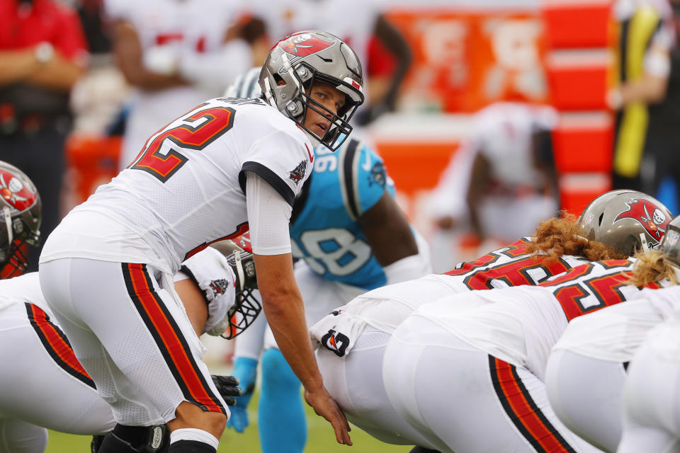 Brady and the Buccaneers avoided a 0-2 start, defeating the Panthers 31-17. (Photo by Mike Ehrmann/Getty Images)
