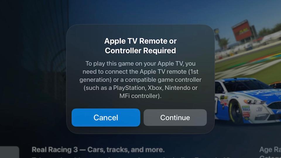 An Apple TV 4K game menu with a popup dialog box showing that a controller is required.