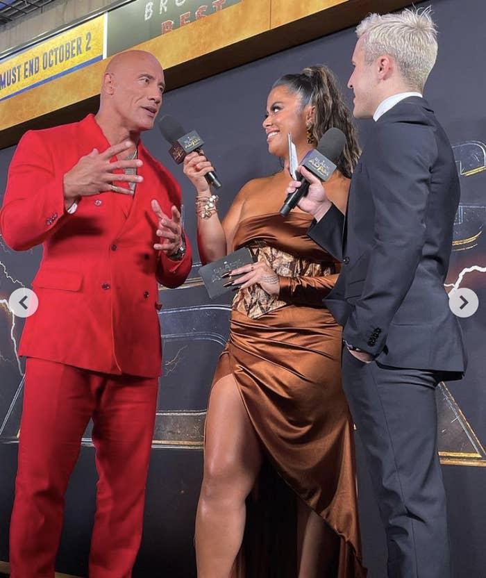 Drew and Chris interviewing Dwayne "The Rock" Johnson on the red carpet