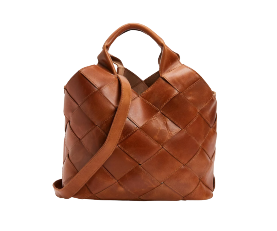 Tan leather Woven Tote Bag against a white background.