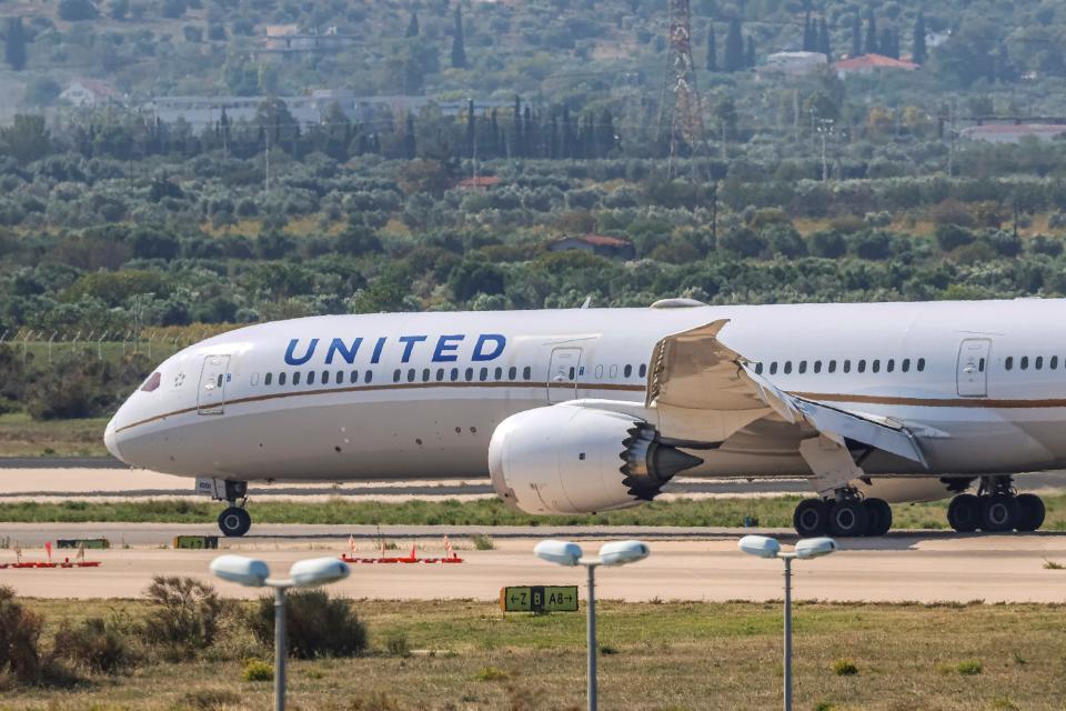 United Airlines Boeing 787-10 Dreamliner aircraft as seen flying, landing and taxiing at Athens International Airport Eleftherios Venizelos ATH at the Greek capital.