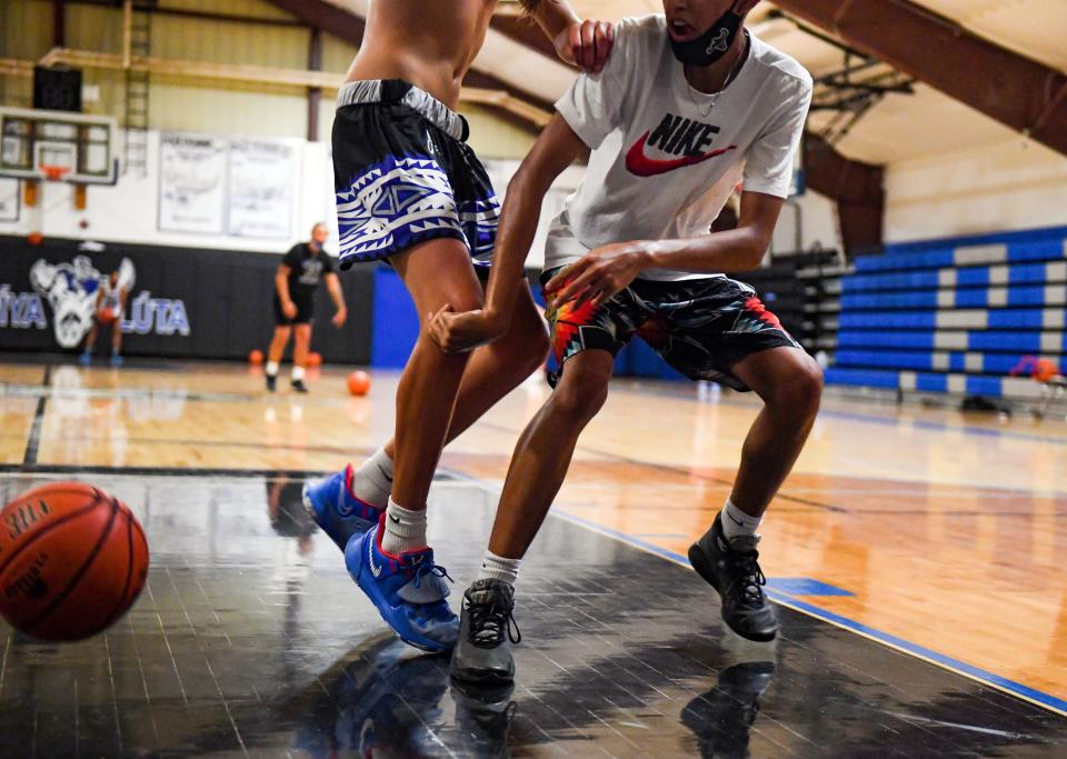 Red Cloud basketball players practice on Tuesday, June 15, 2021, on the Pine Ridge Reservation.