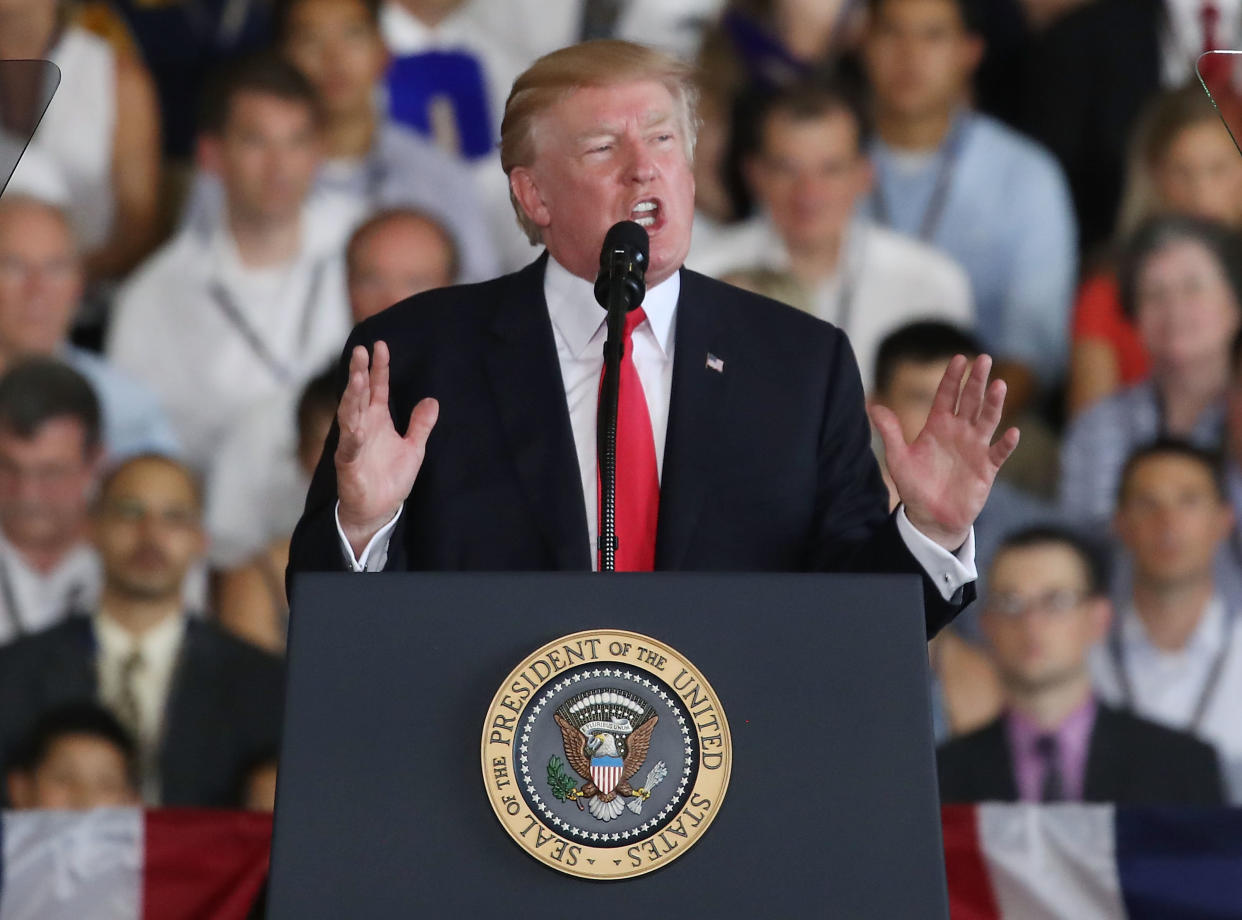 President Donald Trump speaks during the commissioning of the USS Gerald R. Ford aircraft carrier on Saturday in Norfolk, Virginia. (Photo: Mark Wilson via Getty Images)