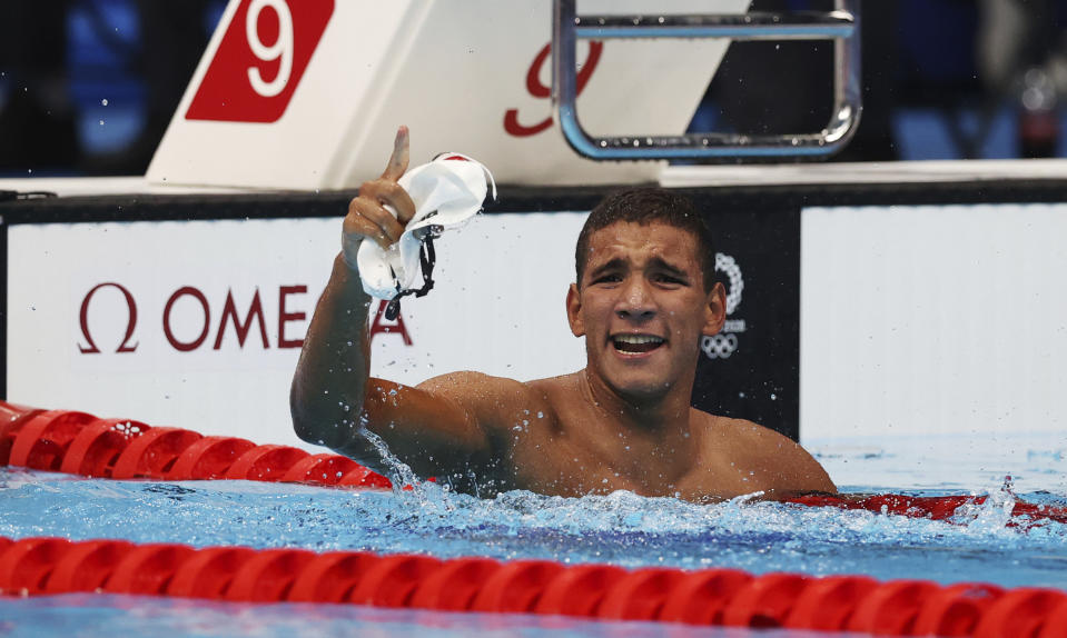Ahmed Hafnaoui of Tunisia reacts after winning Men’s 400 meter Freestyle Final at Tokyo Aquatics Centre in Tokyo on July 25, 2021. ( The Yomiuri Shimbun via AP Images ) - Credit: AP