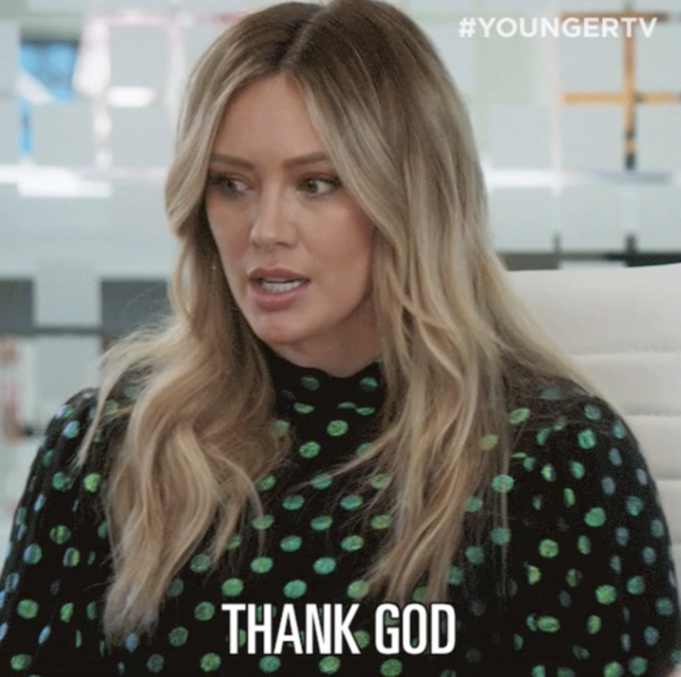 Hilary Duff on younger saying, "thank god"