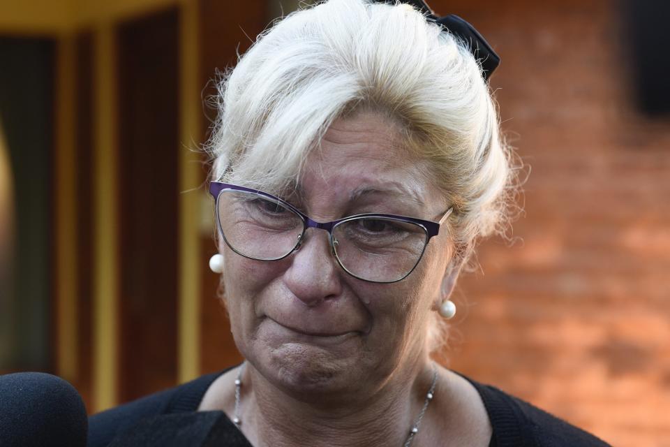 Emiliano Sala's aunt Mirta Taffarel talks to the media as she leaves the vigil at Sala's boyhood club San Martin de Progreso (Getty Images)