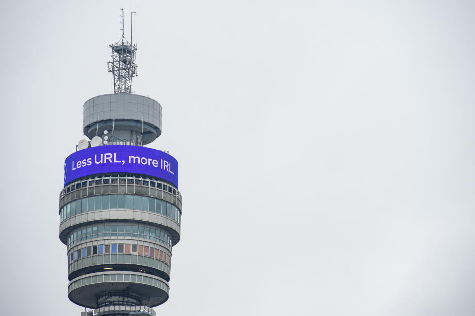 <p>EDITORIAL USE ONLY A digital message, which reads "Less URL, more IRL. Welcome back." is displayed on the BT Tower Infoband, 190 metres above the streets of London as BT marks the latest phase of the government's Covid-19 lockdown measures easing. Picture date: Monday May 17, 2021.</p>
