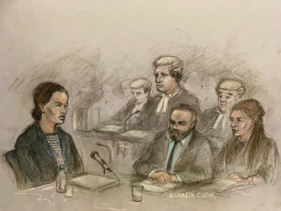 Court sketch of Rebekah Vardy being questioned (Elizabeth Cook/PA) (PA Wire)