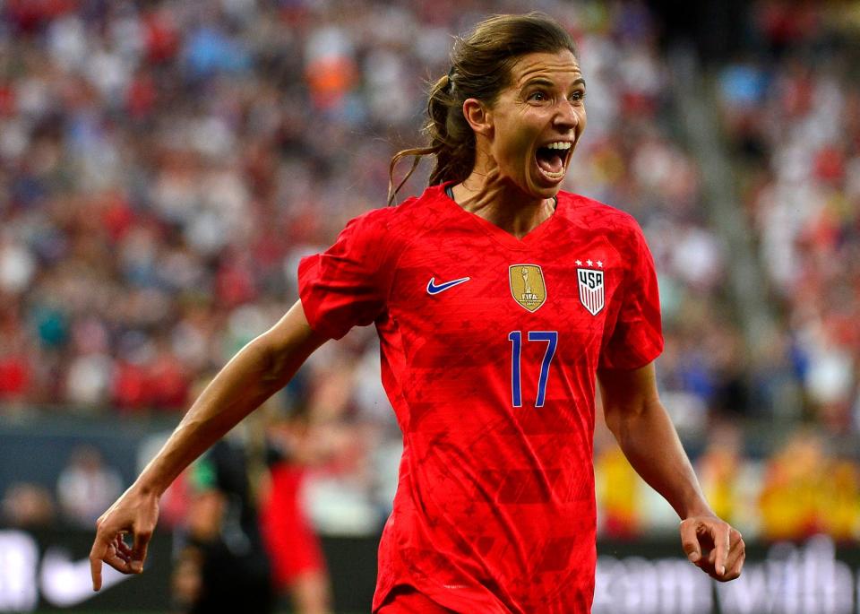 USA forward Tobin Heath (17) celebrates after scoring against New Zealand on May 16, 2019, during the first half during a match at Busch Stadium in St. Louis, Missouri.