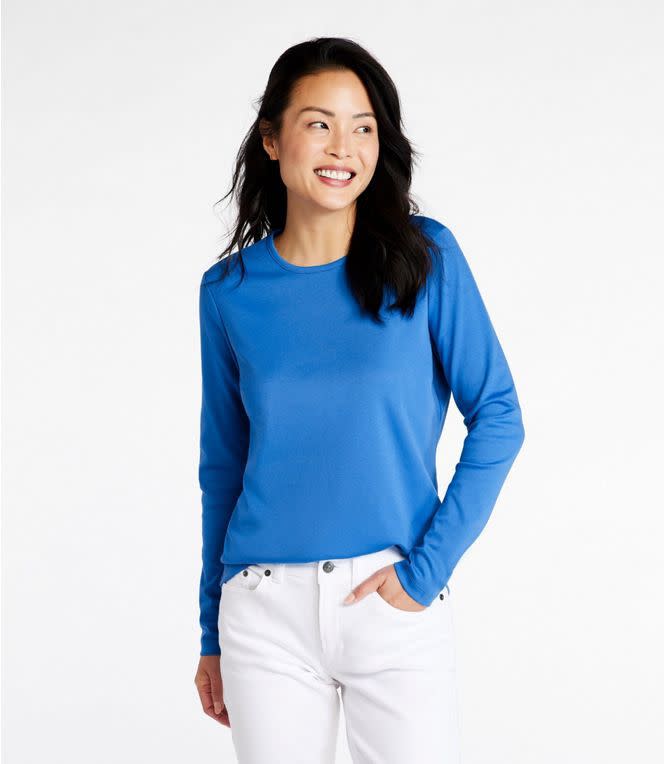 Woman wearing blue L.L. Bean pima cotton t-shirt