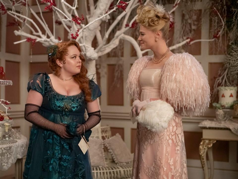 Nicola Coughlan as Penelope Featherington and Jessica Madsen as Cressida Cowper in "Bridgerton" season three.