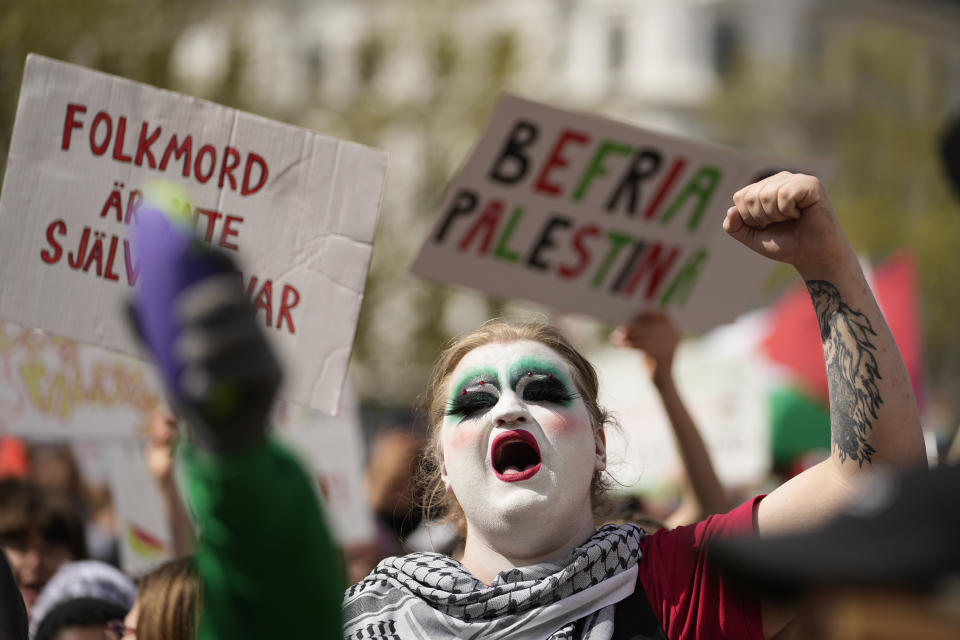 A pro-Palestinian demonstrator protests against the participation of Israeli contestant Eden Golan ahead of the the final of the Eurovision Song Contest in Malmo, Sweden, Saturday, May 11, 2024. Israeli contestant Eden Golan has become a focus for protests by pro-Palestinian demonstrators who want Israel kicked out of Eurovision over the war with Hamas. (AP Photo/Martin Meissner)