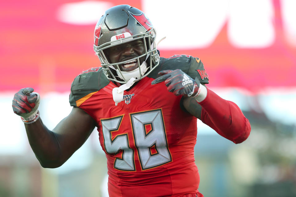 Tampa Bay linebacker Shaquil Barrett has 8.0 sacks through the first three games of the season. (Getty Images)