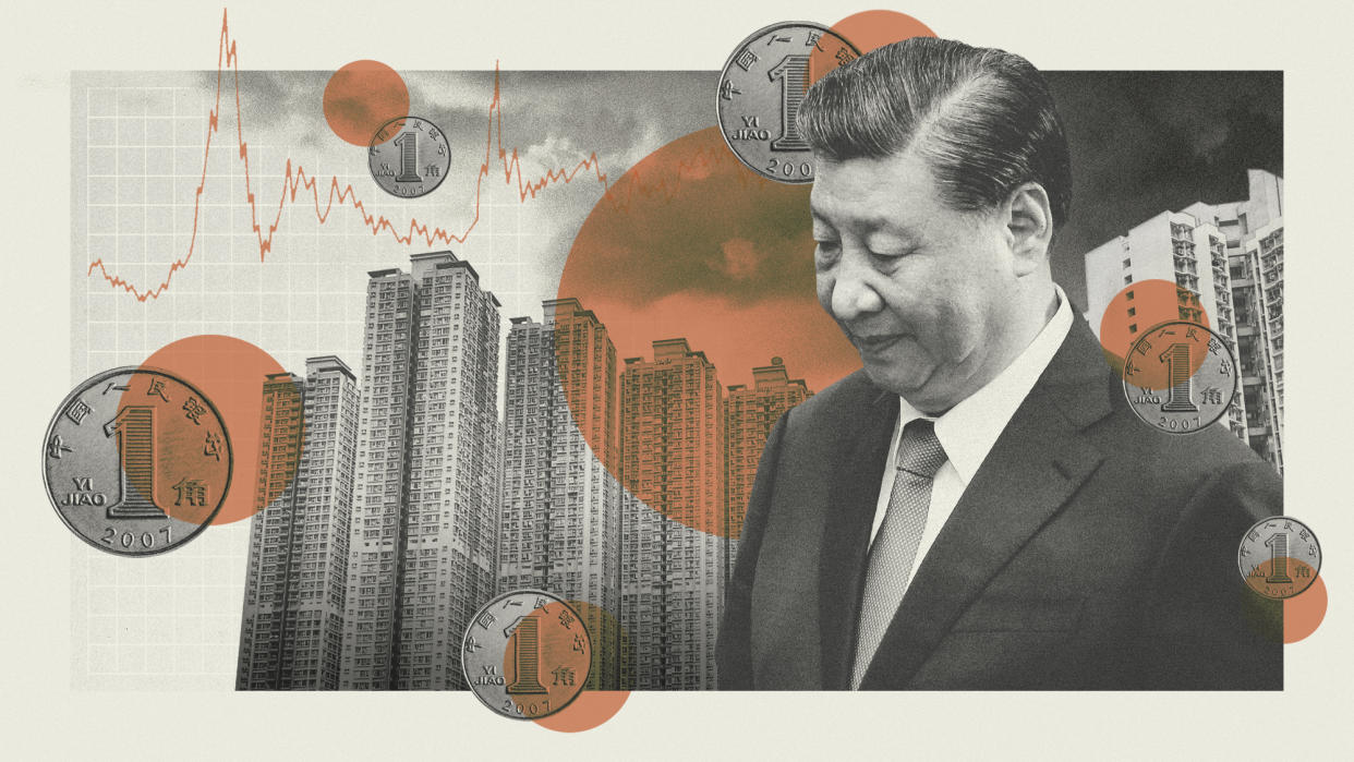  Photo composite of Xi Jinping, 1 yuan coins and real estate. 