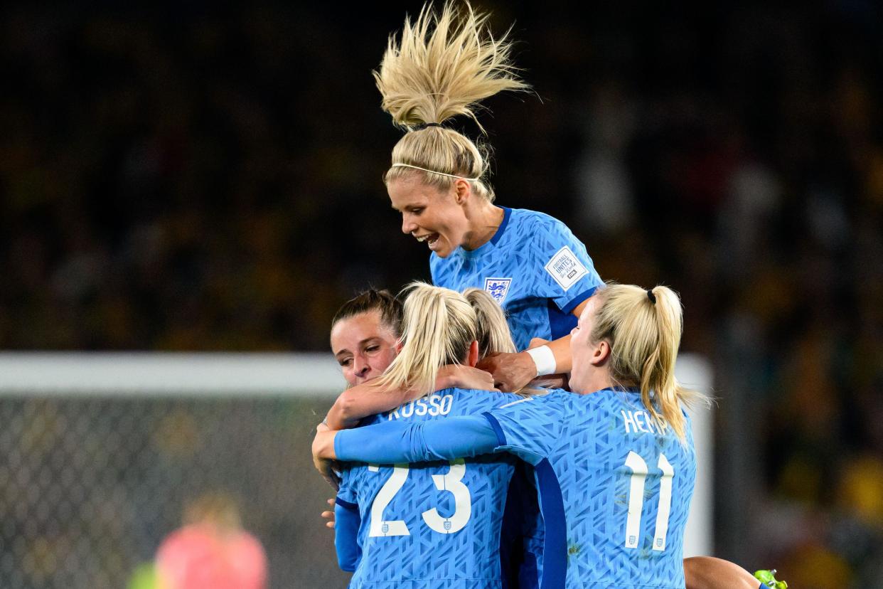 Ella Toone of, UK. , . celebrates after 0-1 during the FIFA Women's World Cup semifinal between Australia and England on August 16, 2023 in Sydney. Photo: Mathias Bergeld/BILDBYRÅN/kod MB/MB0695/Sipa USA Credit: Sipa US/Alamy Live News