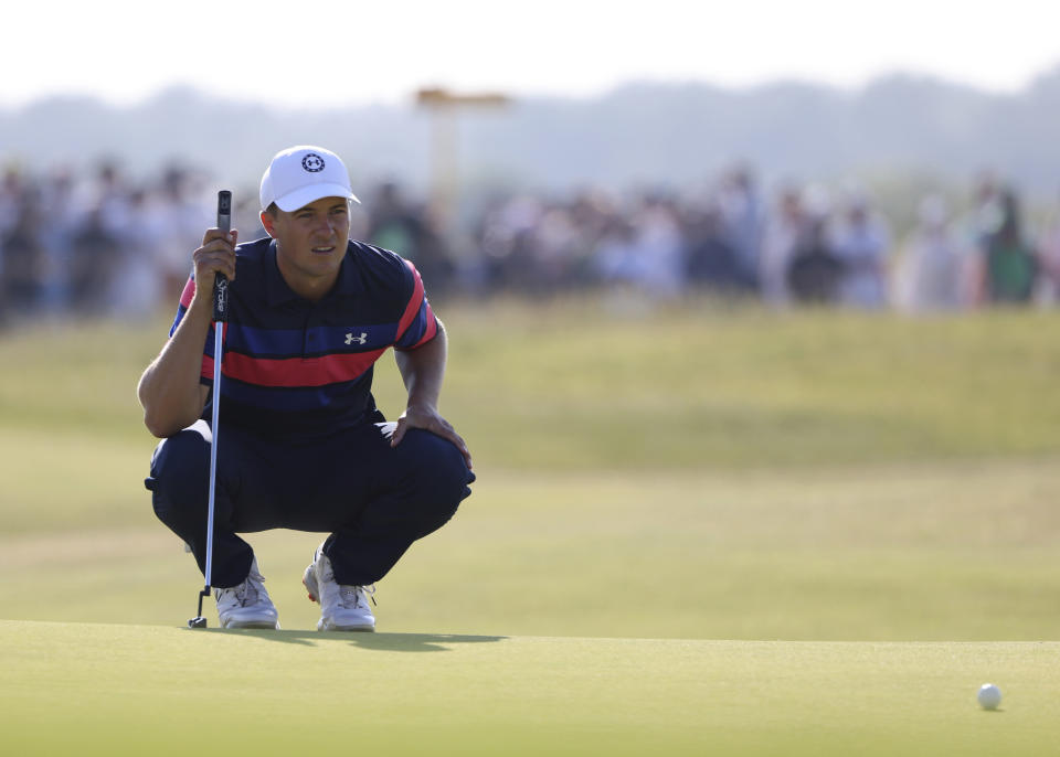 United States' Jordan Spieth lines up a a put on the 16th during the final round of the British Open Golf Championship at Royal St George's golf course Sandwich, England, Sunday, July 18, 2021. (AP Photo/Ian Walton)