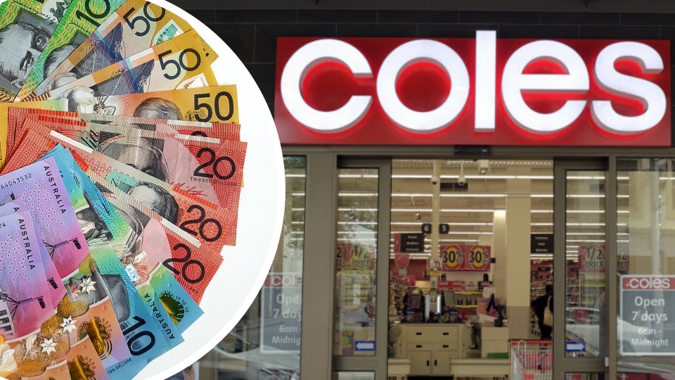 Pictured: Coles supermarket, Australian cash. Images: Getty