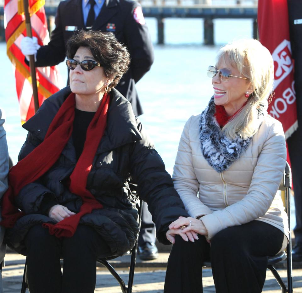 Tina Sinatra, left, and Carolyn Palmer at the unveiling of Palmer's Frank Sinatra statue in Hoboken.