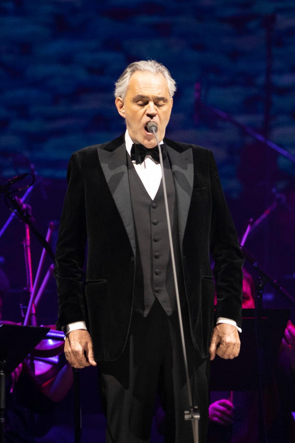 Dec 8, 2022; Columbus, Ohio, United States;  Andrea Bocelli, a Grammy and Emmy nominated Italian tenor, performs in concert at Nationwide Arena on Thursday night alongside the Columbus Symphony. Mandatory Credit: Joseph Scheller-The Columbus Dispatch