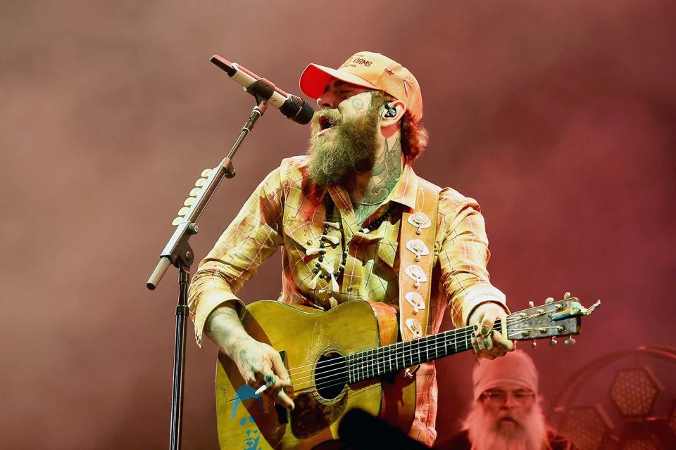 Post Malone performs at the T-Mobile Mane Stage during the 2024 Stagecoach Festival at Empire Polo Club in Indio, California on April 27, 2024.