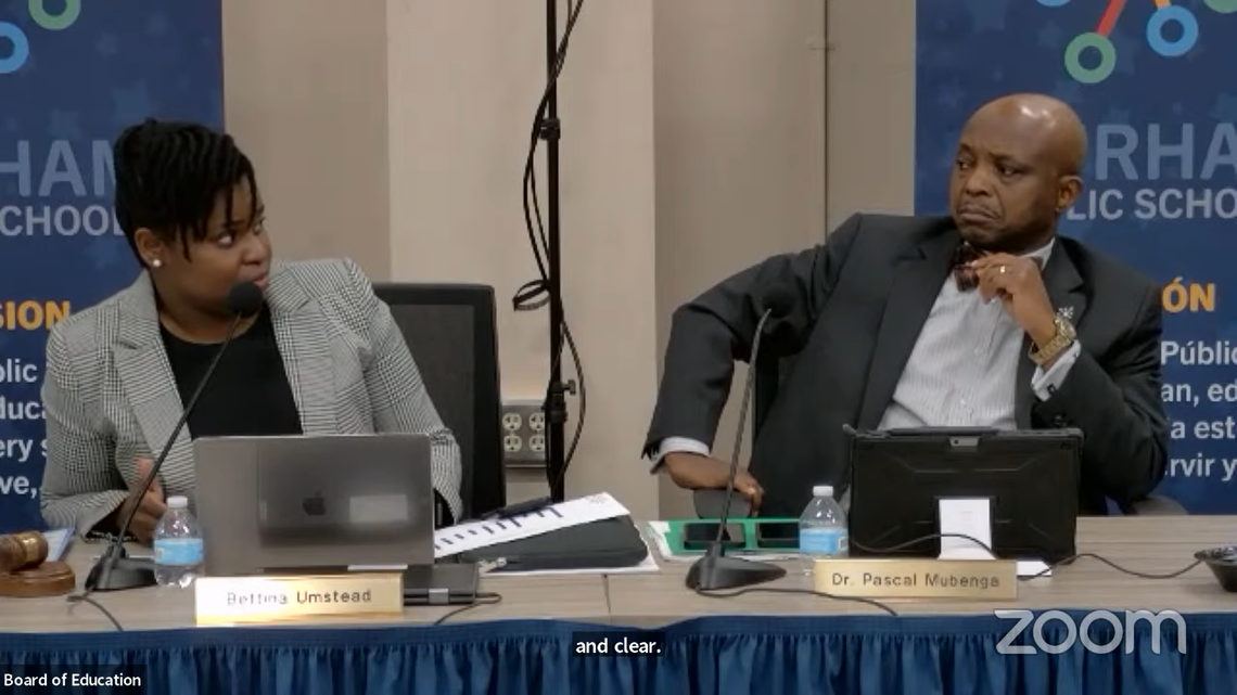 Durham Public Schools Board of Education Chair Bettina Umstead and Superintendent Pascal Mubenga speak during a meeting on Thursday, January 25, 2024.