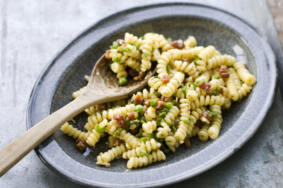 This image taken on April 29, 2013, shows carbonara pasta salad in a serving dish in Concord, N.H. (AP Photo/Matthew Mead)