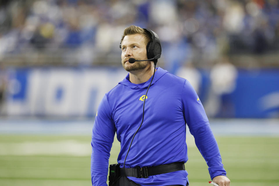 Los Angeles Rams head coach Sean McVay watches from the sideline during the first half of an NFL wild-card playoff football game against the Detroit Lions, Sunday, Jan. 14, 2024, in Detroit. (AP Photo/Duane Burleson)
