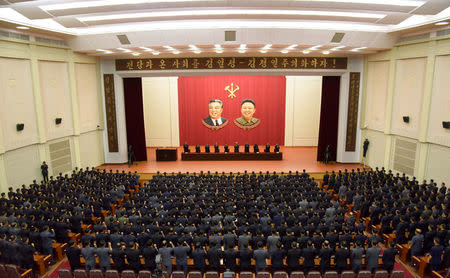 A meeting of DPRK of the central committee is held as they vow a sacred war against the U.S. during an anti-U.S. rally, in this undated photo released by North Korea's Korean Central News Agency (KCNA) in Pyongyang September 22, 2017. KCNA via REUTERS