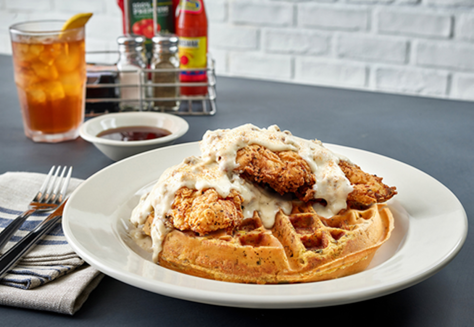 Metro Diner’s seasonally inspired Stuff ‘N Waffles — infused with cornbread stuffing — are available with Sausage & Gravy Chicken Tenders, turkey or ham.