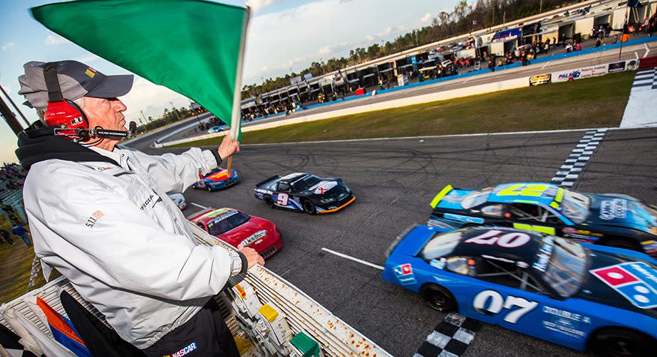 MYRTLE BEACH, SC - MARCH 18: The green flag waives for the start of the NASCAR Whelen Modified Performance Plus 150 presented by Safety Kleen at Myrtle Beach Speedway on March 18, 2017 in Myrtle Beach, South Carolina. (Photo by Adam Glanzman/NASCAR