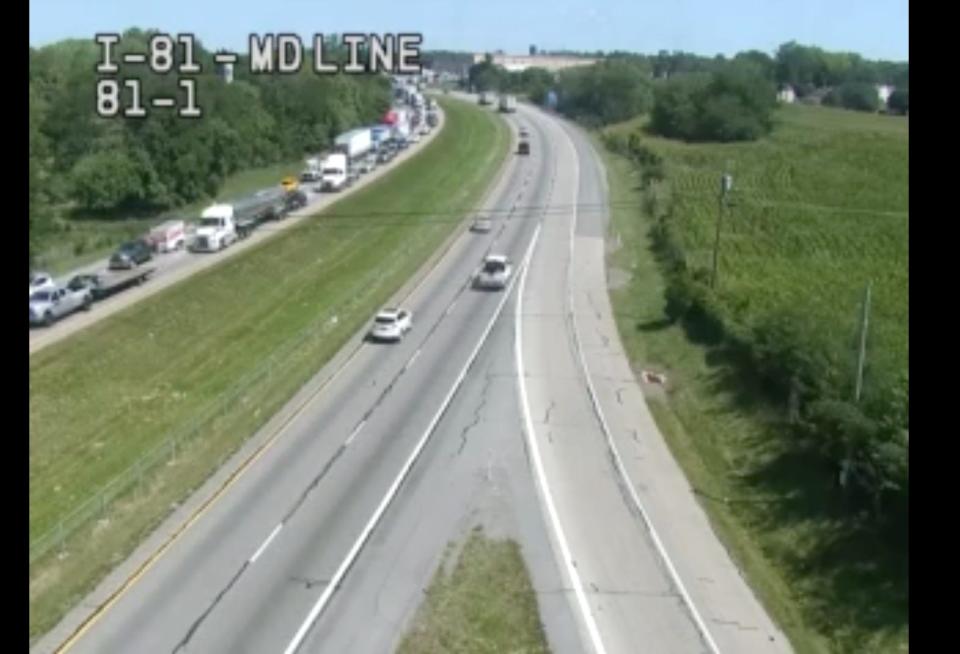 This screenshot of Pennsylvania Department of Transportation webcam footage shows the backup on southbound Interstate 81 at the Pennsylvania-Maryland state line around noon on Friday, Sept. 1, 2023, due to a fatal crash near Showalter Road in Maryland.