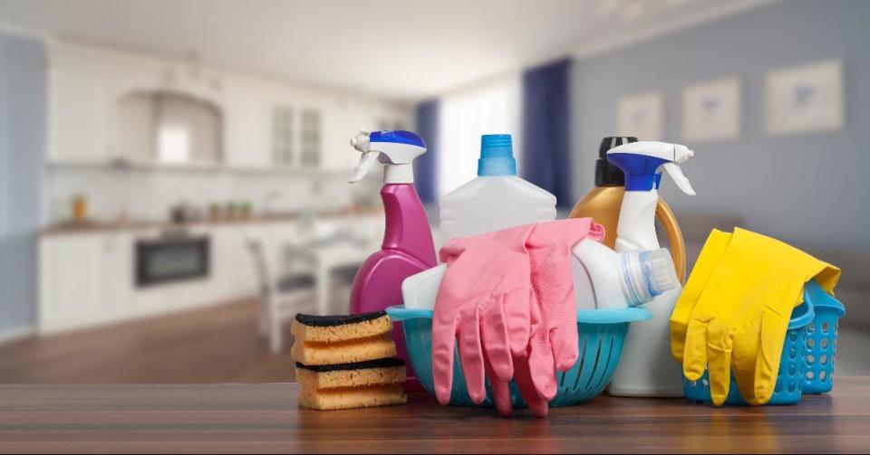 house cleaning service concept with supplies 