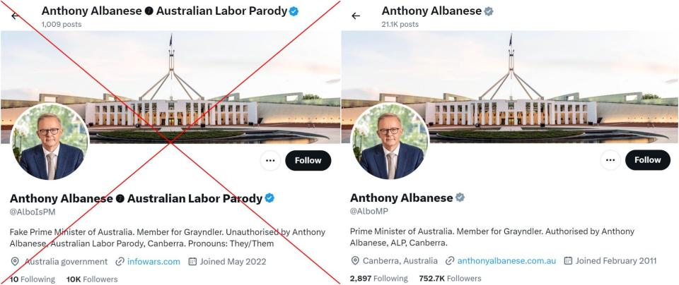 <span>Screenshot comparison between the parody account (left) and Albanese's verified account (right)</span>