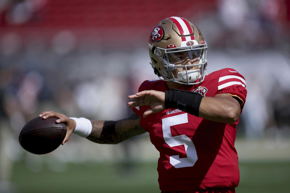 San Francisco 49ers quarterback Trey Lance started the second half of Sunday's game. (AP Photo/Scot Tucker)