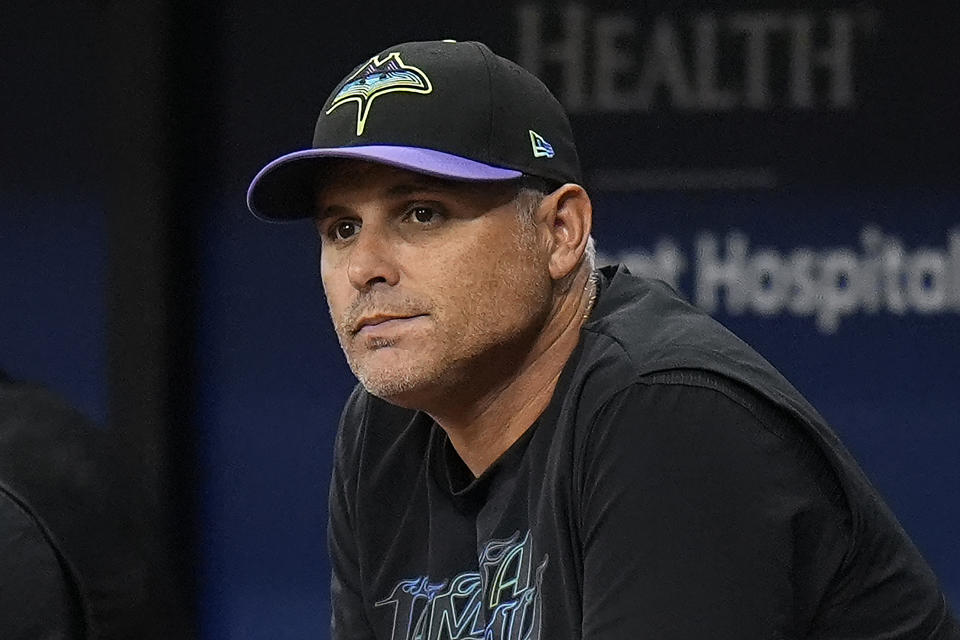 Tampa Bay Rays manager Kevin Cash watches play during the first inning of a baseball game against the New York Mets Saturday, May 4, 2024, in St. Petersburg, Fla. (AP Photo/Chris O'Meara)