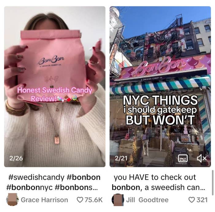 Person holding a BonBon candy bag. Another photo shows a store exterior with signage "BonBon." Text highlights NYC candy review by Grace Harrison, Jill Goodtree recommending the store