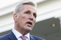 House Speaker Kevin McCarthy of Calif., talks with reporters outside the West Wing of the White House in Washington following his meeting with President Joe Biden, Wednesday, Feb. 1, 2023. (AP Photo/Jacquelyn Martin)