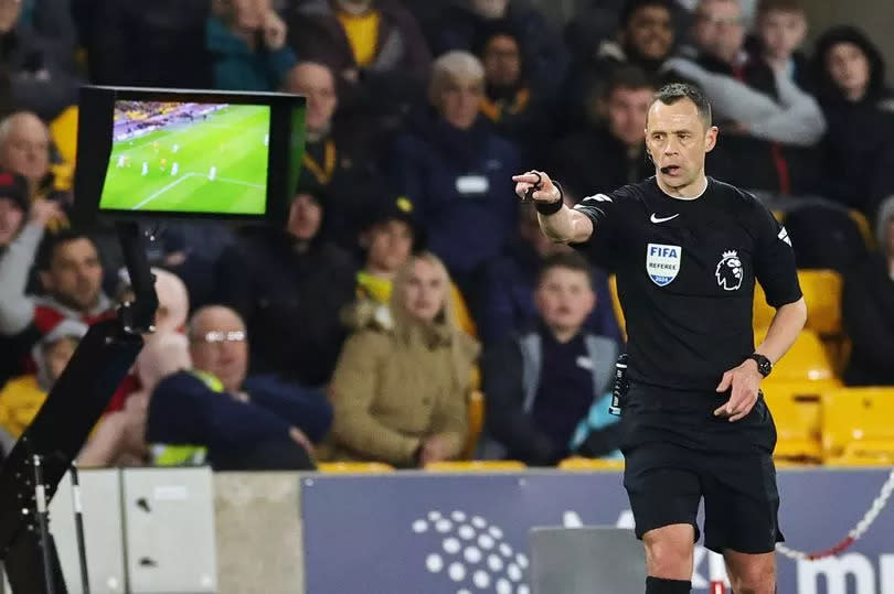 Referee Stuart Attwell disallows the goal