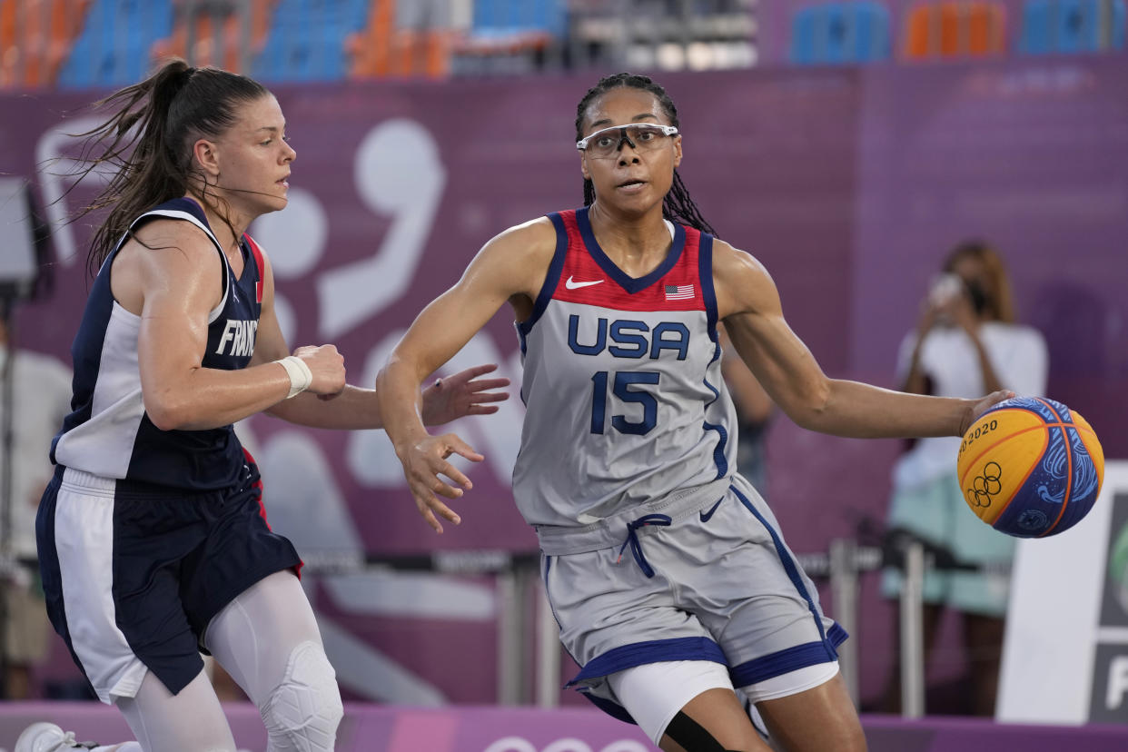 Allisha Gray, shown competing for the U.S. at 3x3 in the Tokyo Olympics, will be part of the second season of Athletes Unlimited basketball. (AP Photo/Jeff Roberson)