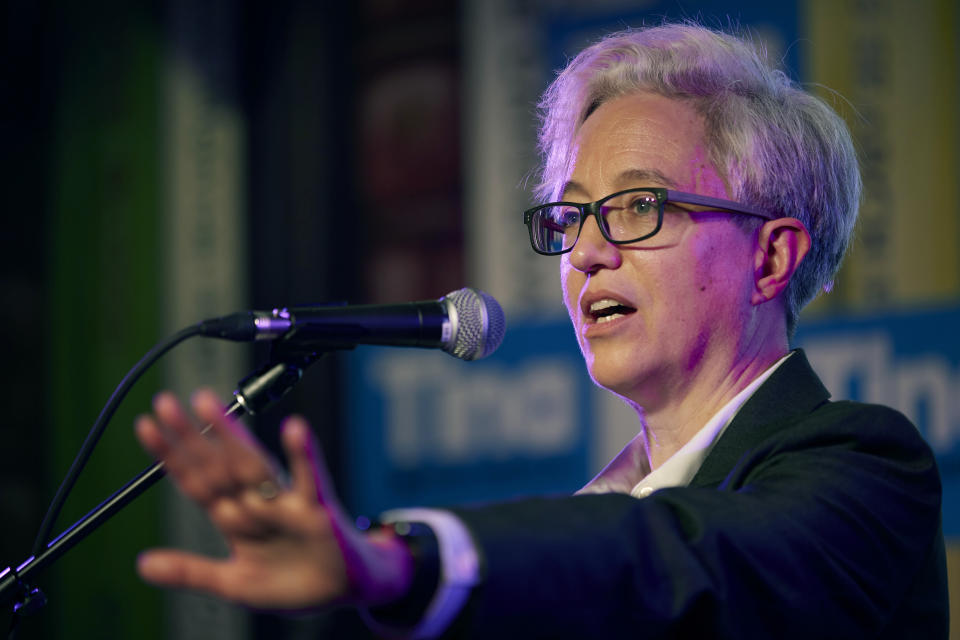 Democratic gubernatorial candidate Tina Kotek speaks to supporters after the results of Oregon's primary election are announced in Portland, Ore., Tuesday May 17, 2022. Kotek defeated Tobias Read to win the nomination. (AP Photo/Craig Mitchelldyer)