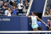 Iga Swiatek, of Poland, celebrates after defeating Jule Niemeier, of Germany, during the fourth round of the U.S. Open tennis championships, Monday, Sept. 5, 2022, in New York. (AP Photo/Eduardo Munoz Alvarez)