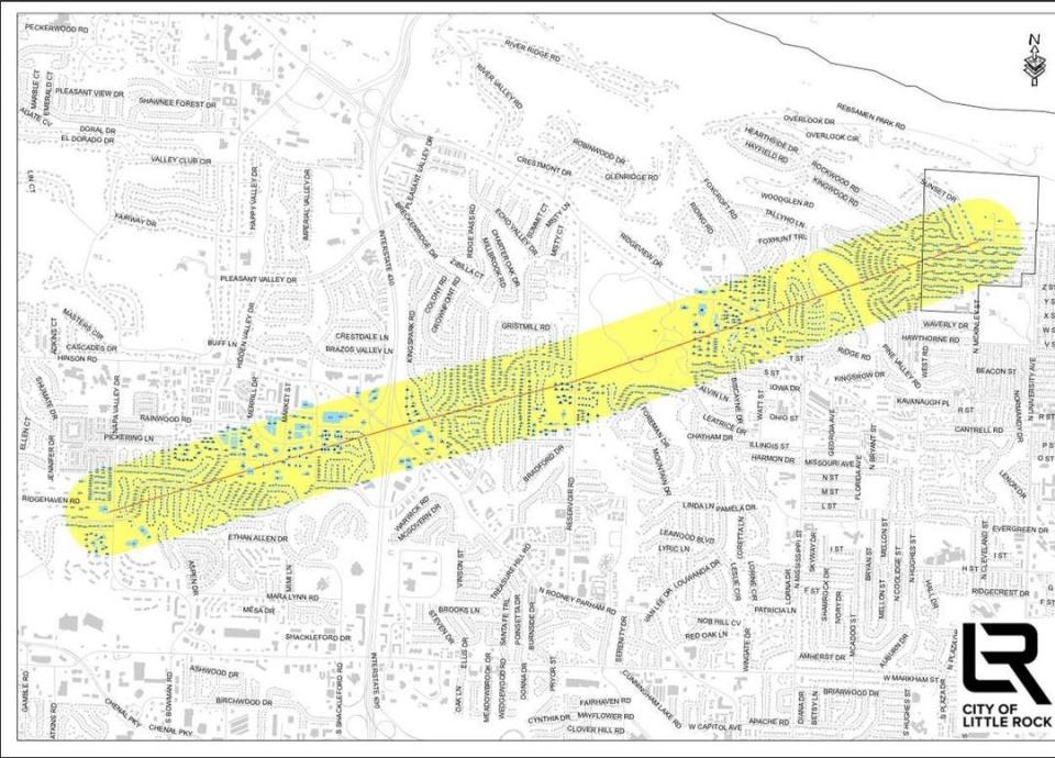 A map from city of Little Rock officials released Friday night shows a swath of destruction across the city from a tornado that hit Friday afternoon, March 31, 2023.