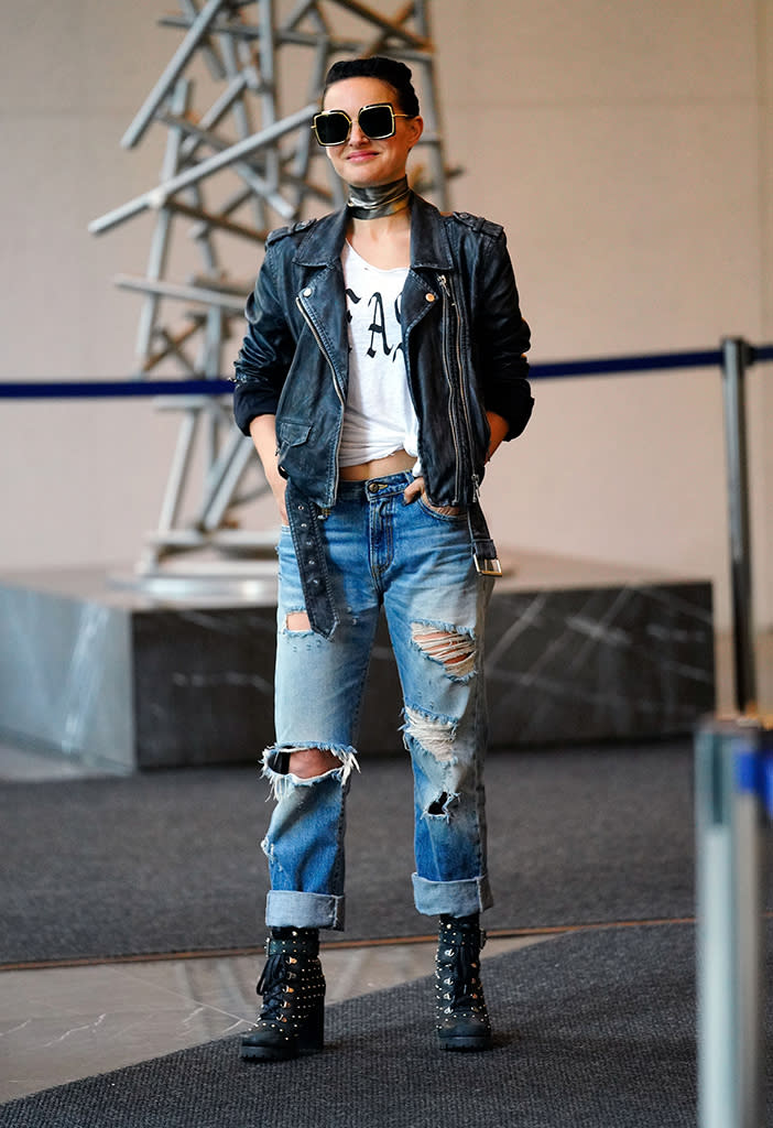 <p>Who’s that girl?! The actress showed off a very different rocker-chic look on the set of her new flick <em>Vox Lux</em> Wednesday in New York. (Photo: Gotham/GC Images) </p>